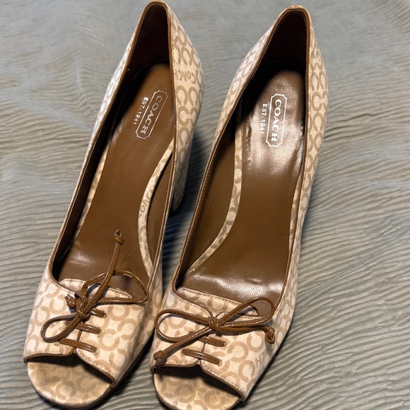 Coach Tan Lace-Up Peep Toe Heels - Picture 1 of 4